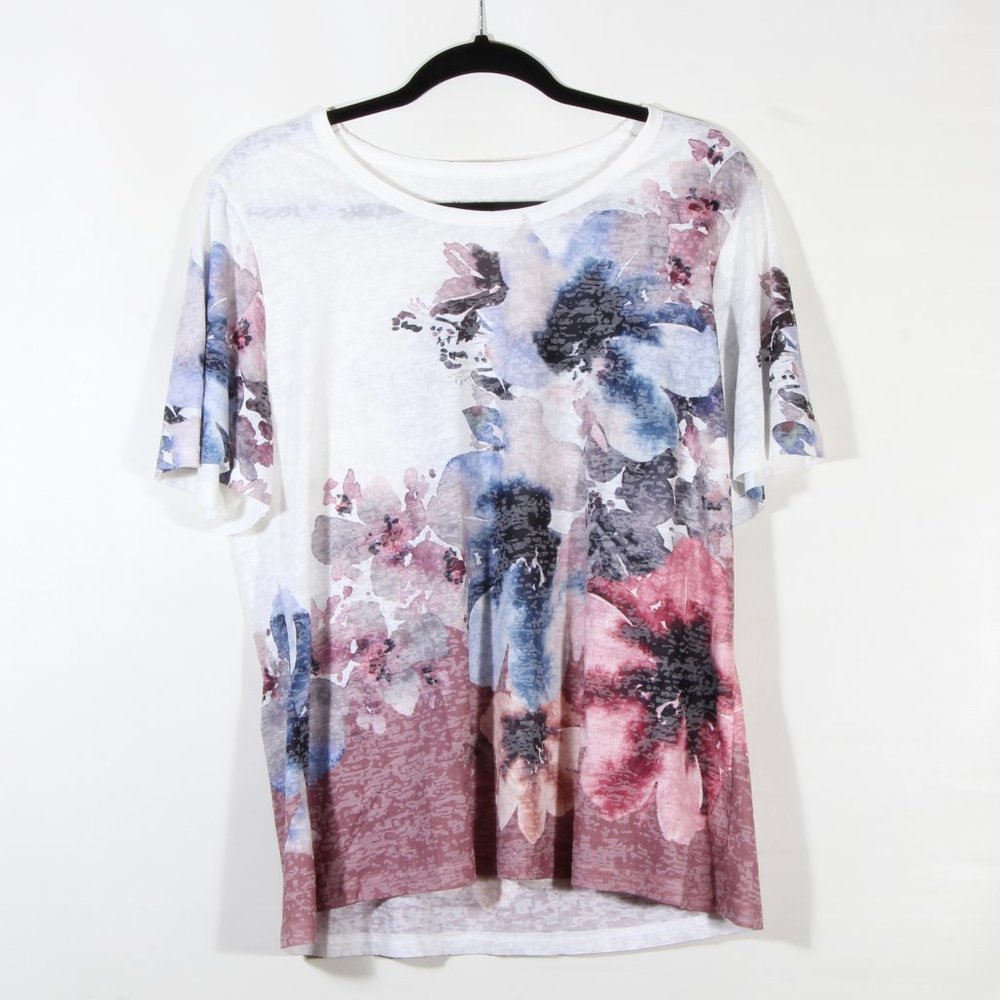 NorthStyle Linen Short Sleeve Floral Round Neck Garden Print Top Women's XL